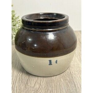 Vintage Two Tone Stoneware Glazed Crock Bean Pot w/ Handle Farmhouse Cottage